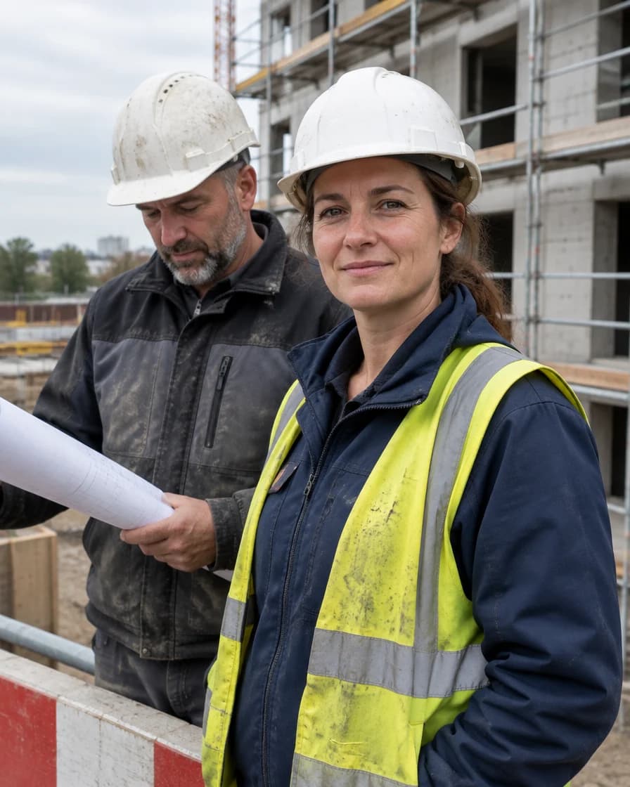 Bauleiterin und Kollege auf einer Baustelle im Ruhrgebiet – Motiv für die fiktive Nordbau-Anzeige
